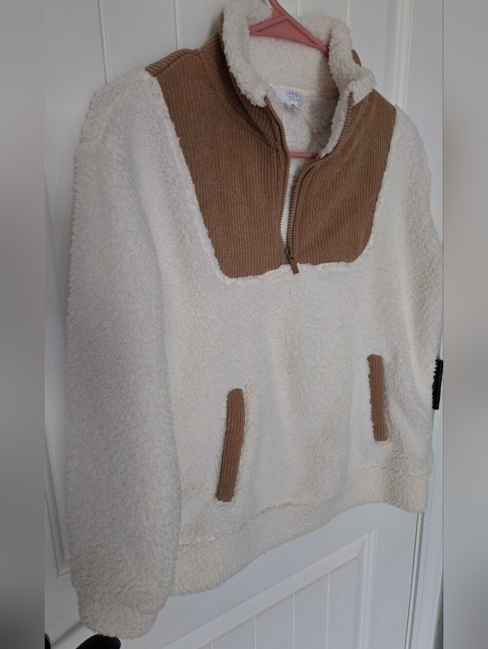 Time and Tru Cream Sherpa Pullover with Tan Corduroy Yoke